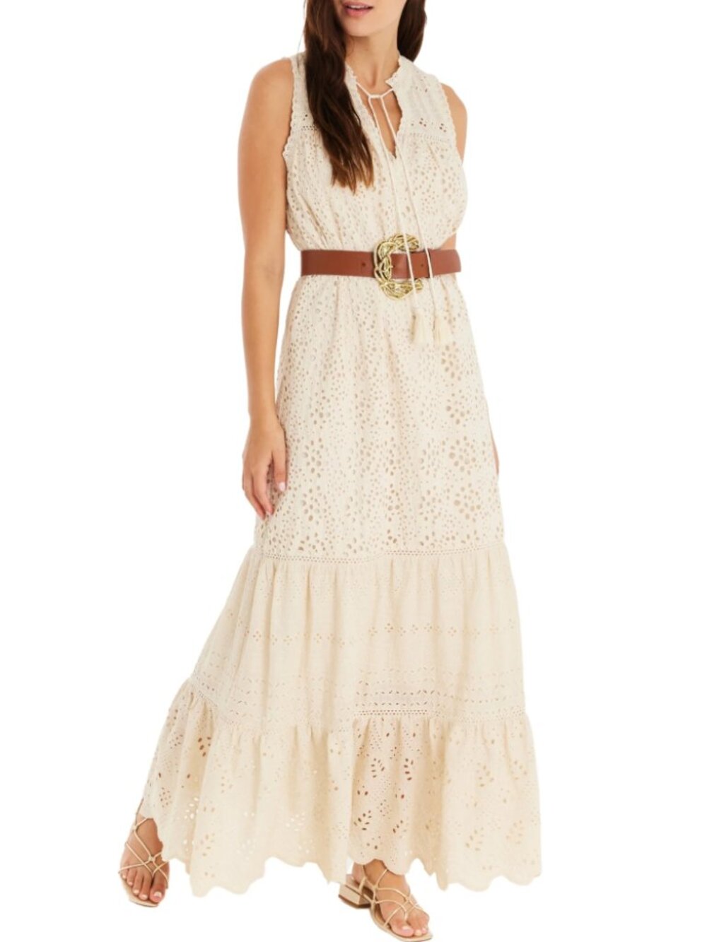 Allison Estelle Cream Eyelet Maxi Dress Small Cotton NWT Belted Boho Embroidered